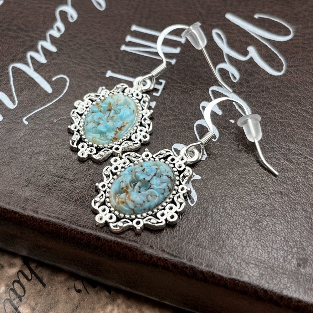 Vintage Carved Spotted Turquoise Resin Oval Cabochons Steel Dangle Earrings - Picture 1 of 7
